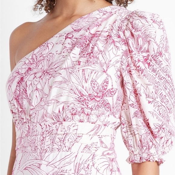 Express Pink Rayon Floral Dress Puff Sleeve Asymmetric One Shoulder Dress XS - Picture 3 of 9